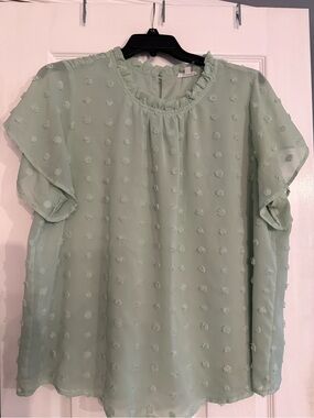 Women's Mint Swiss Dot Ruffle Neck Blouse